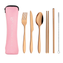 Reuseable Stainless Steel Travel Cutlery Set of 6 - Rose Gold In Pale Pink Case - 1