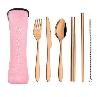 Reuseable Stainless Steel Travel Cutlery Set of 6 - Rose Gold In Pale Pink Case - 1