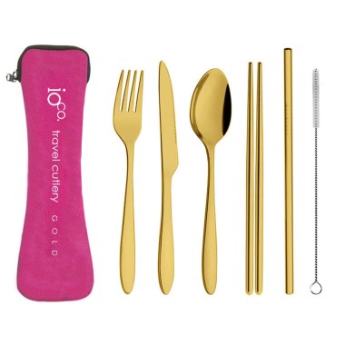 Reuseable Stainless Steel Travel Cutlery Set of 6 - Gold In Hot Pink Case - 1