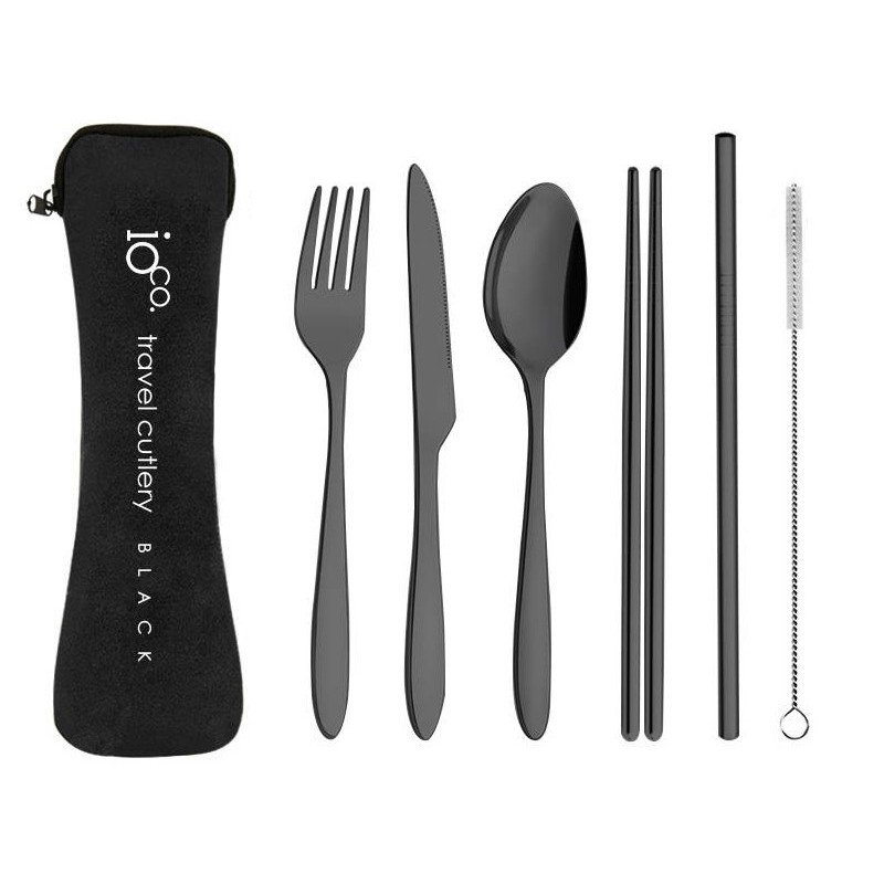 Reuseable Stainless Steel Travel Cutlery Set of 6 - Black In Black Case - 1