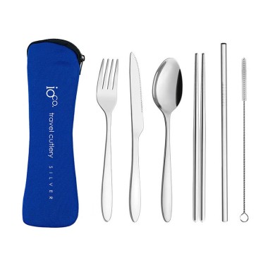 Reuseable Stainless Steel Travel Cutlery Set of 6 - Silver In Navy Case - 1