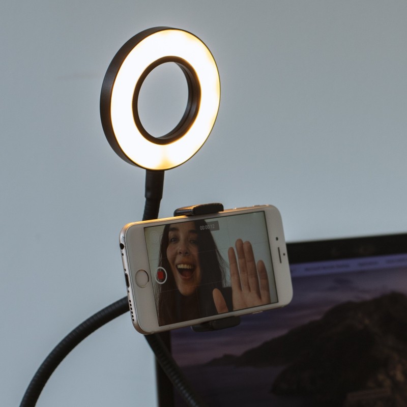 Phone holder with LED ring light