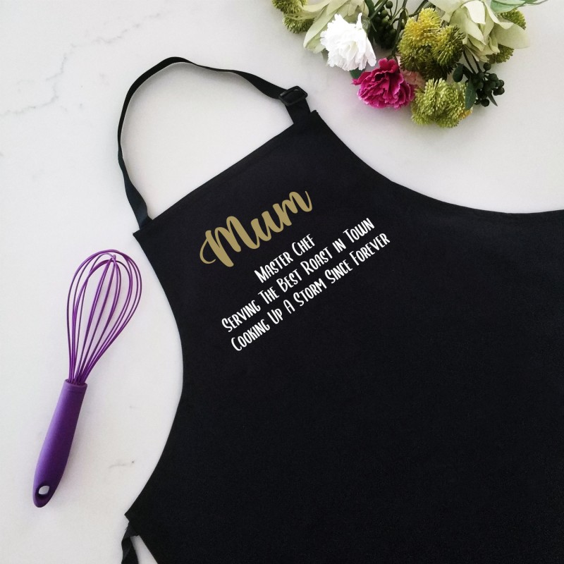Personalised Name with Description Apron Apron & Print Colour Black Apron & Blue/White Print
