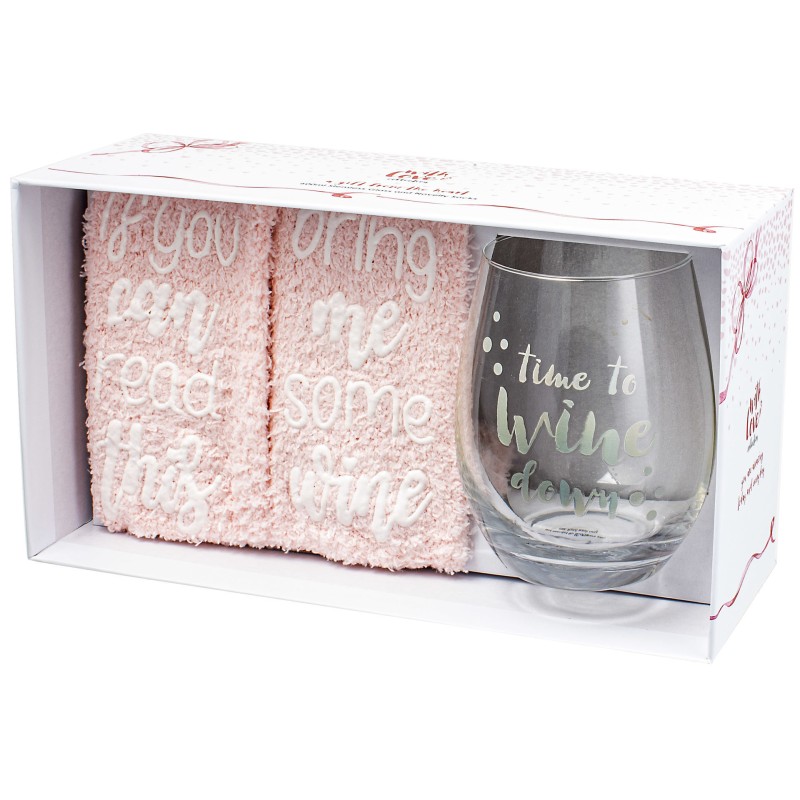 Time To Wine Down Stemless Wine Glass and Bed Socks Set - 1