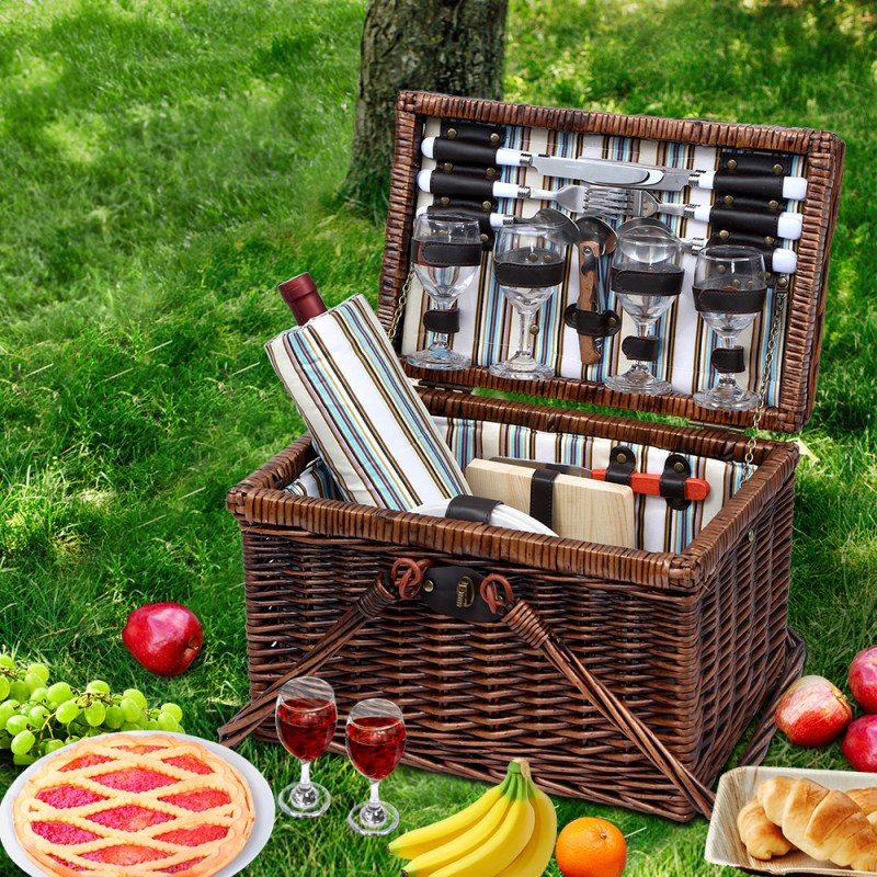Alfresco Deluxe 4 Person Picnic Basket Set With Folding Outdoor Insulated Liquor Bag | DadShop